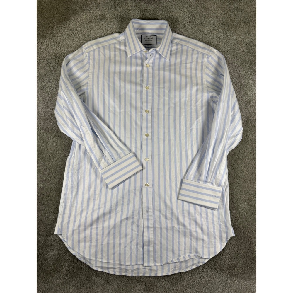 Charles Tyrwhitt Mens Blue White Striped Classic Fit French Cuff Shirt 16/33in